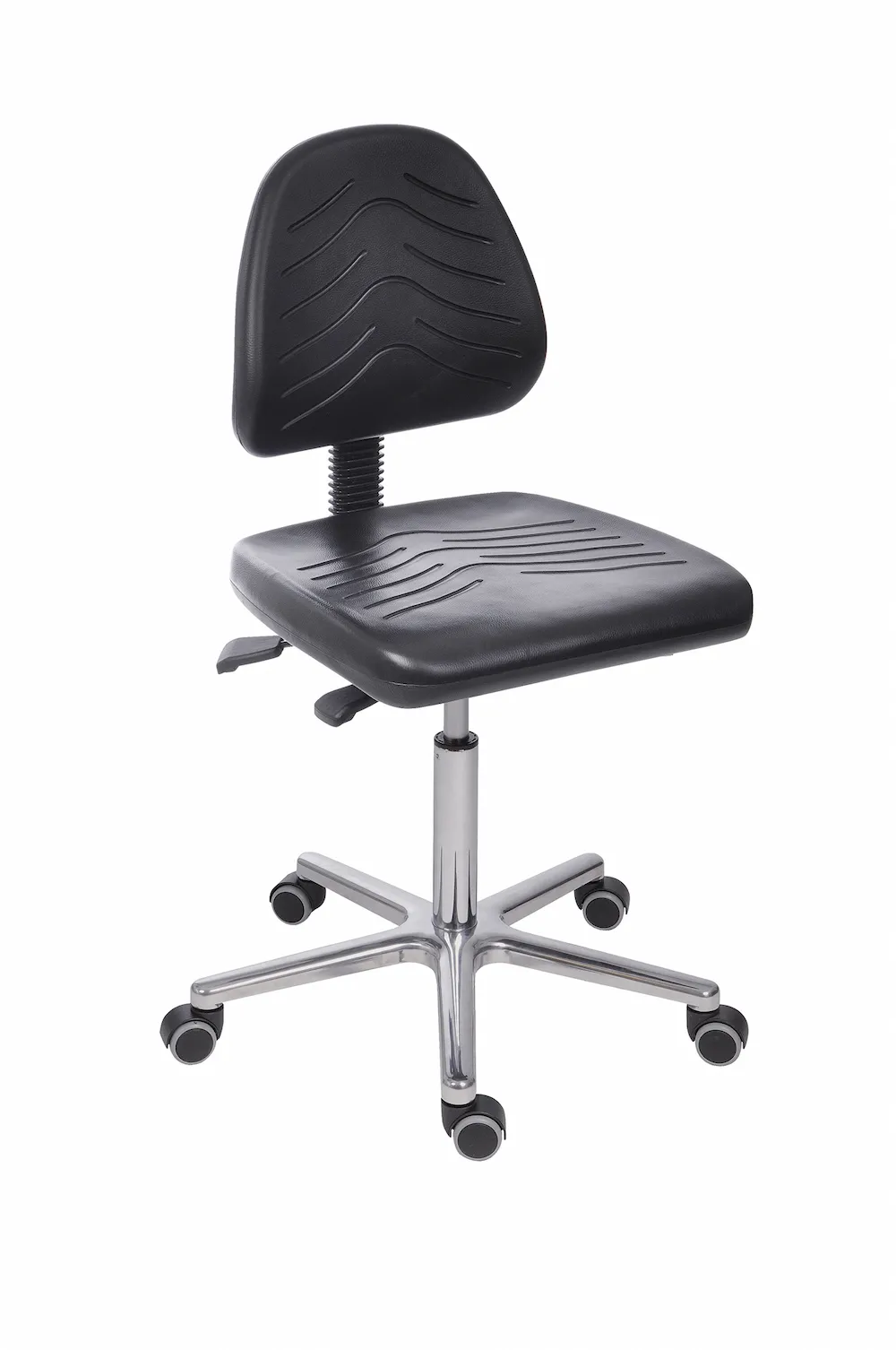 Arbeitsstuhl Arlington mit großer Rückenlehne & Sitzneigeverstellung | Sitzhöhe 48-66cm | Ø 61cm | Tragfähigkeit 110kg | Kunstleder-Sitz | Aluminium-Fußkreuz mit Gleiter | mit Asynchron-Mechanik | Silber/Schwarz