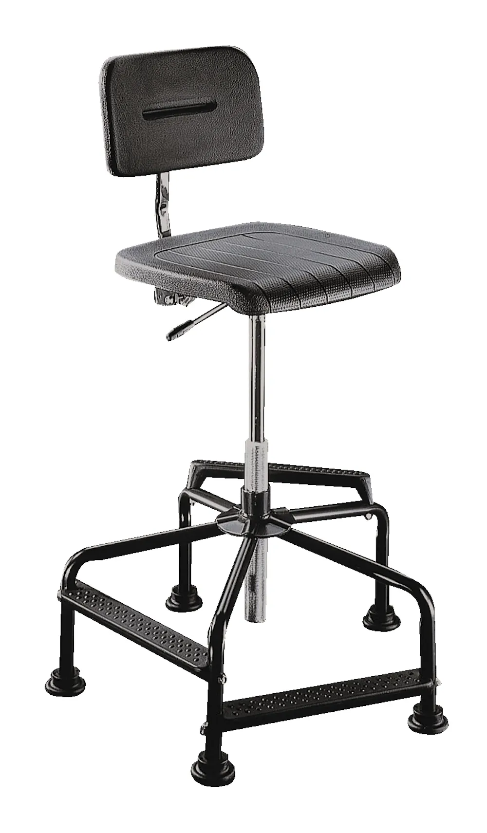 Arbeitsstuhl Arlington High mit kleiner Rückenlehne | Sitzhöhe 48-88cm | Tragfähigkeit 110kg | Polyurethane-Sitz | Stahlrohr-Fußkreuz mit Gleiter & Fußstützen | Schwarz