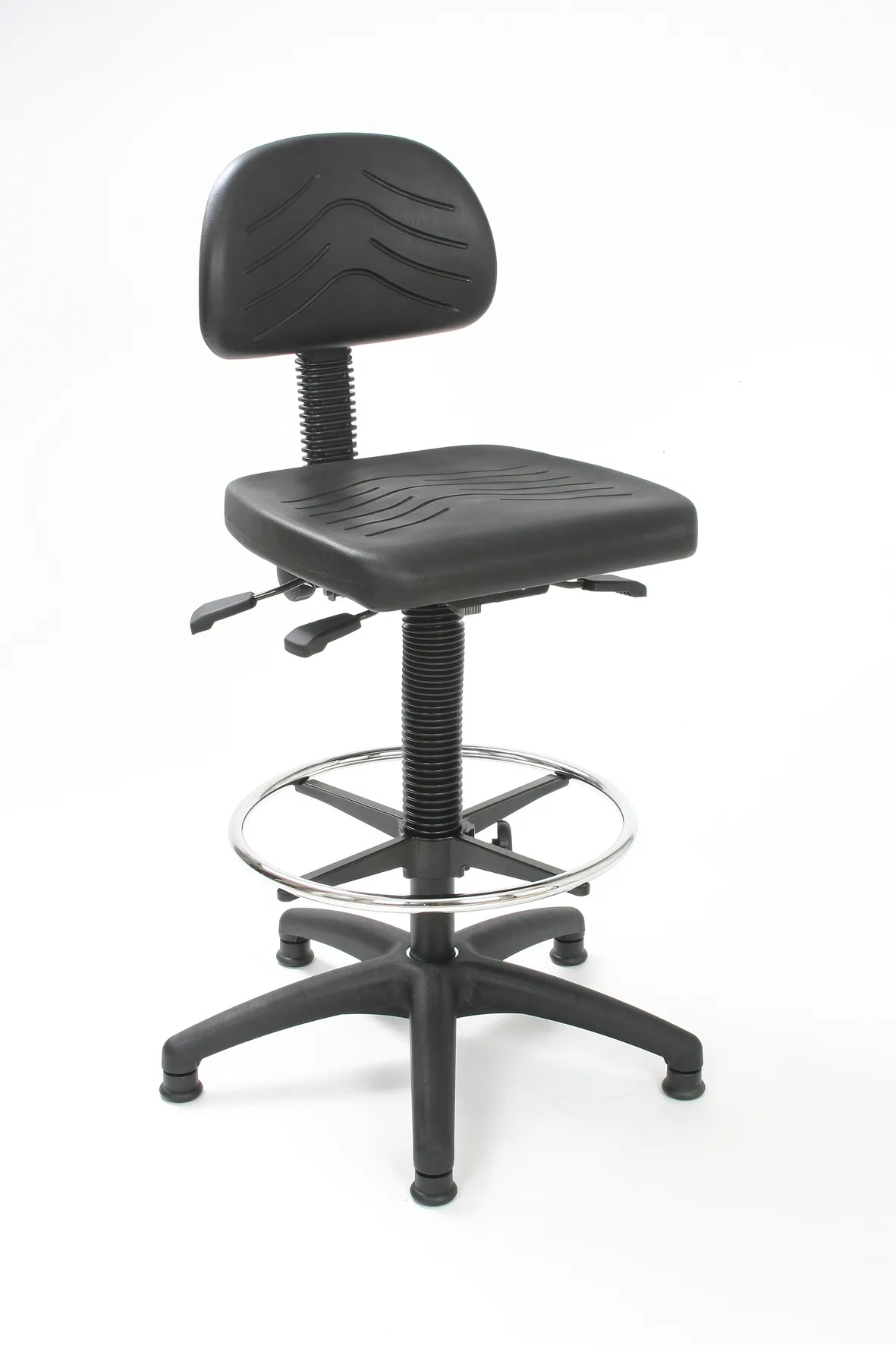 Arbeitsstuhl Arlington mit kleiner Rückenlehne & Sitzneigeverstellung | Sitzhöhe 51-70cm | Ø 61cm | Tragfähigkeit 110kg | Polyurethane-Sitz | Kunststoff-Fußkreuz mit Fußring & Gleiter | mit Asynchron-Mechanik | Schwarz