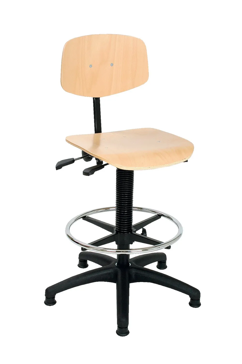 Arbeitsstuhl Arlington mit kleiner Rückenlehne & Sitzneigeverstellung | Sitzhöhe 49-68cm | Ø 61cm | Tragfähigkeit 110kg | Buche-Sitz | Kunststoff-Fußkreuz mit Fußring & Gleiter | mit Asynchron-Mechanik | Buche