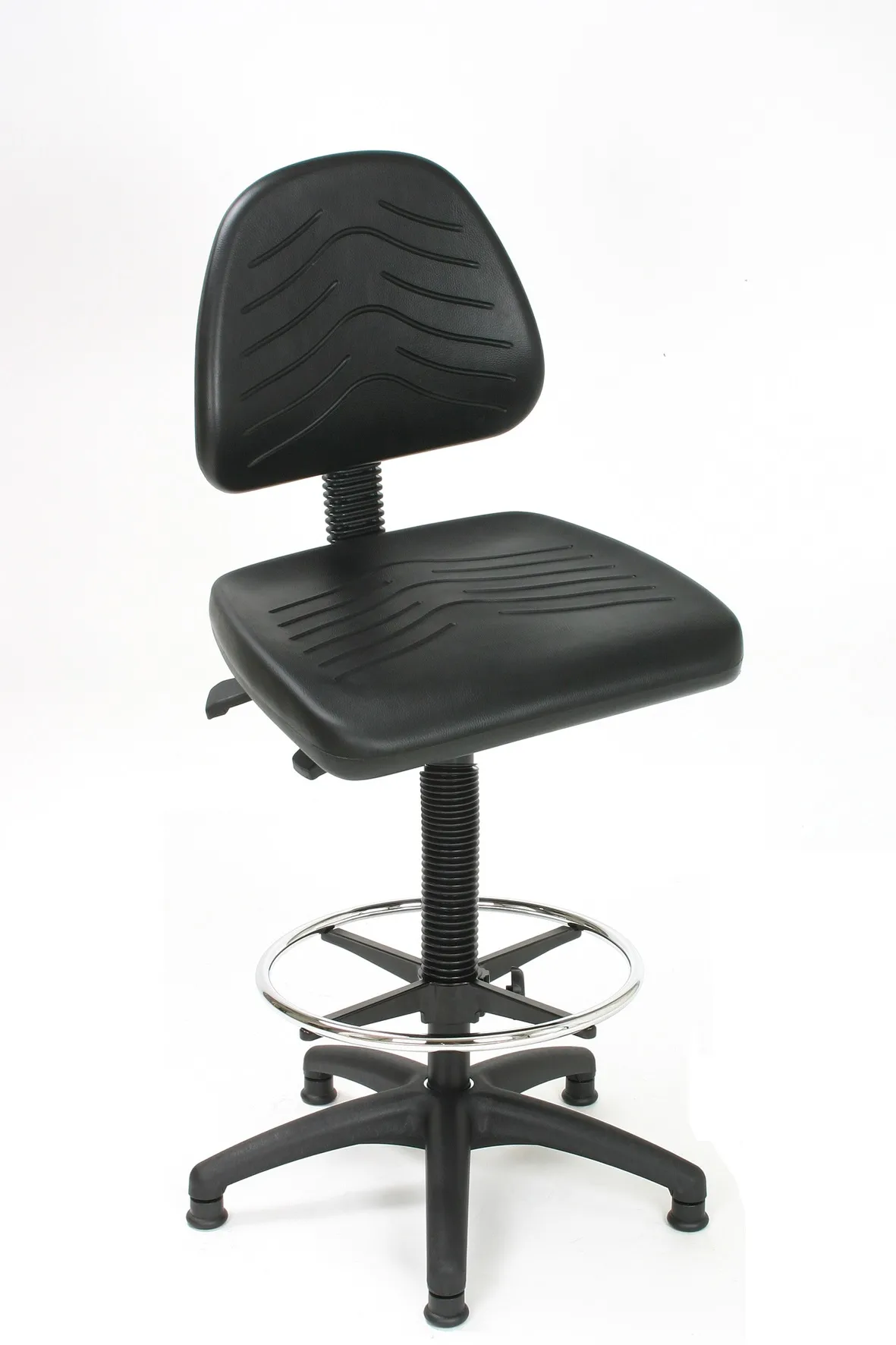 Arbeitsstuhl Arlington mit großer Rückenlehne & Sitzneigeverstellung | Sitzhöhe 51-70cm | Ø 63cm | Tragfähigkeit 110kg | Polyurethane-Sitz | Kunststoff-Fußkreuz mit Fußring & Gleiter | mit Asynchron-Mechanik | Schwarz