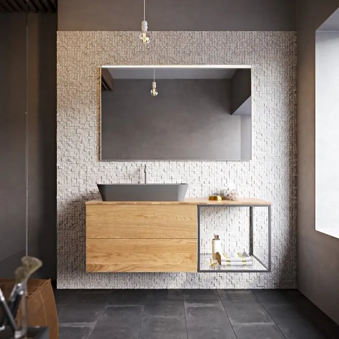 ELEMENTI METALLICI WASCHBECKENHALTER MIT 2 SCHUBLADEN WASCHBECKEN UND SPIEGEL