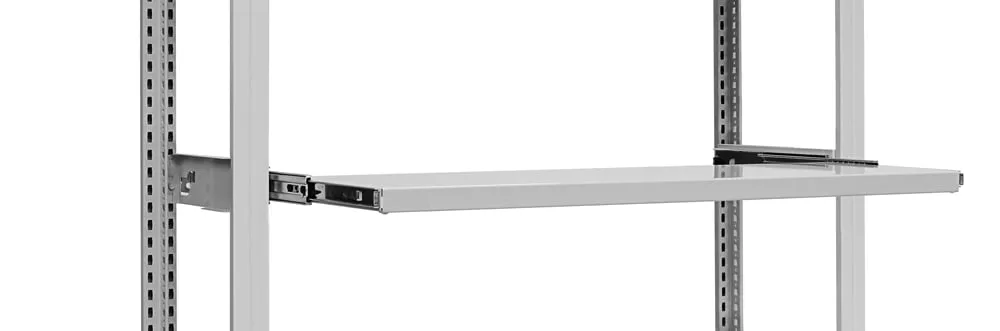 Auszugboden für Fachbodenregale Stecksystem T-Profil | BxT 100x60cm | Fachlast 60kg | mit 100% Teleskopschienen-Auszug | Lichtgrau