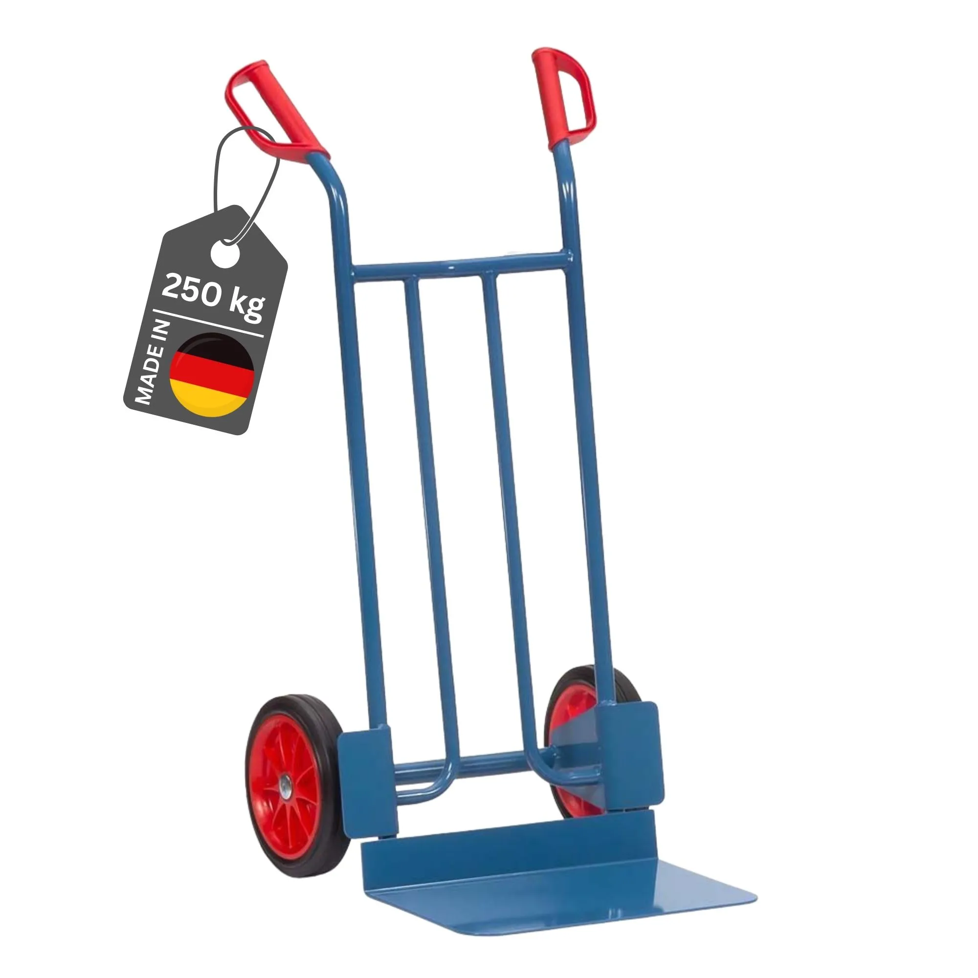 Fetra Stahlrohr-Sackkarre mit extra breiter Schaufel & pannensichere Vollgummibereifung | Traglast 250kg | Made in Germany | Blau