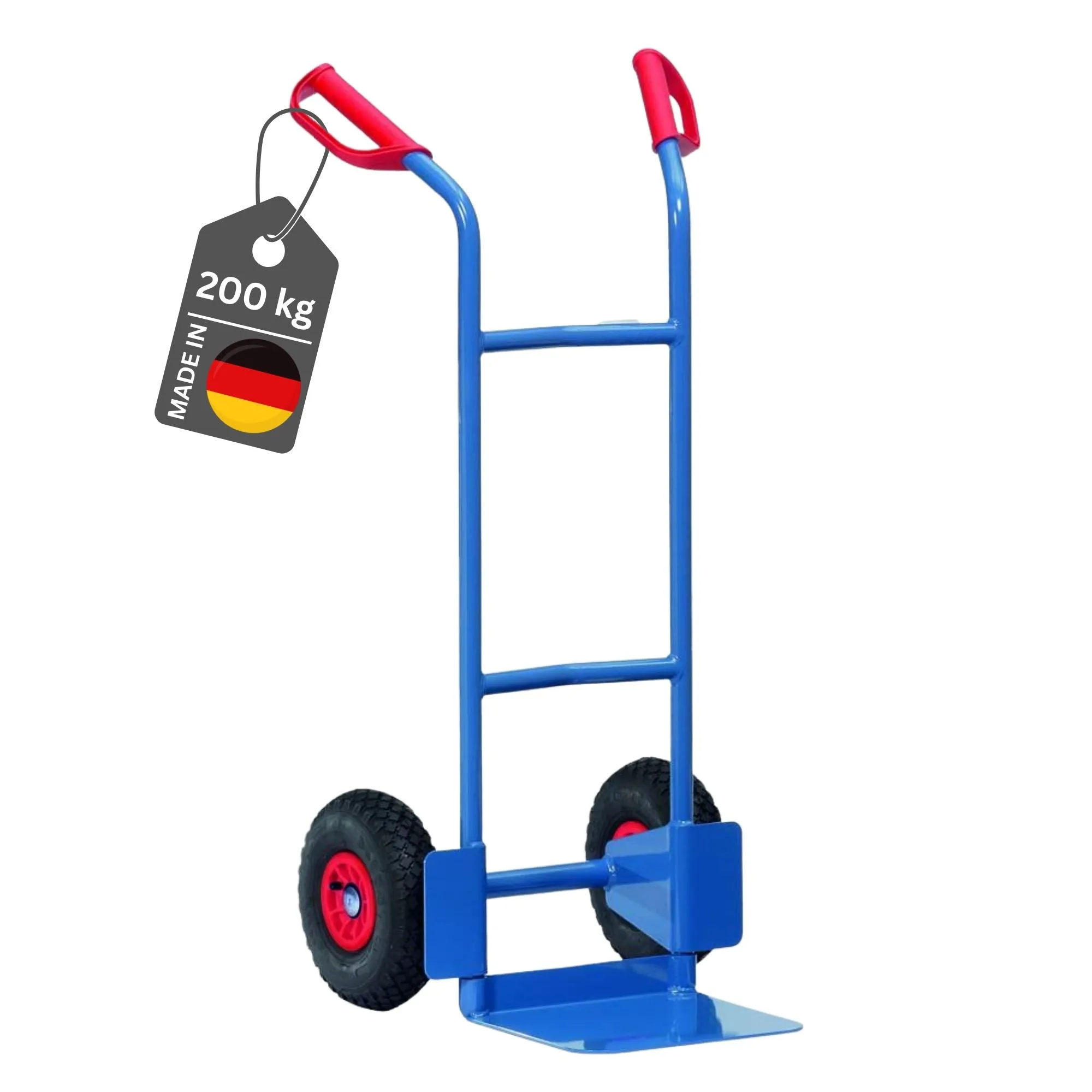 Fetra Stahlrohr-Sackkarre mit Standardschaufel, gebogenen Streben & Luftbereifung | Traglast 200kg | Made in Germany | Blau