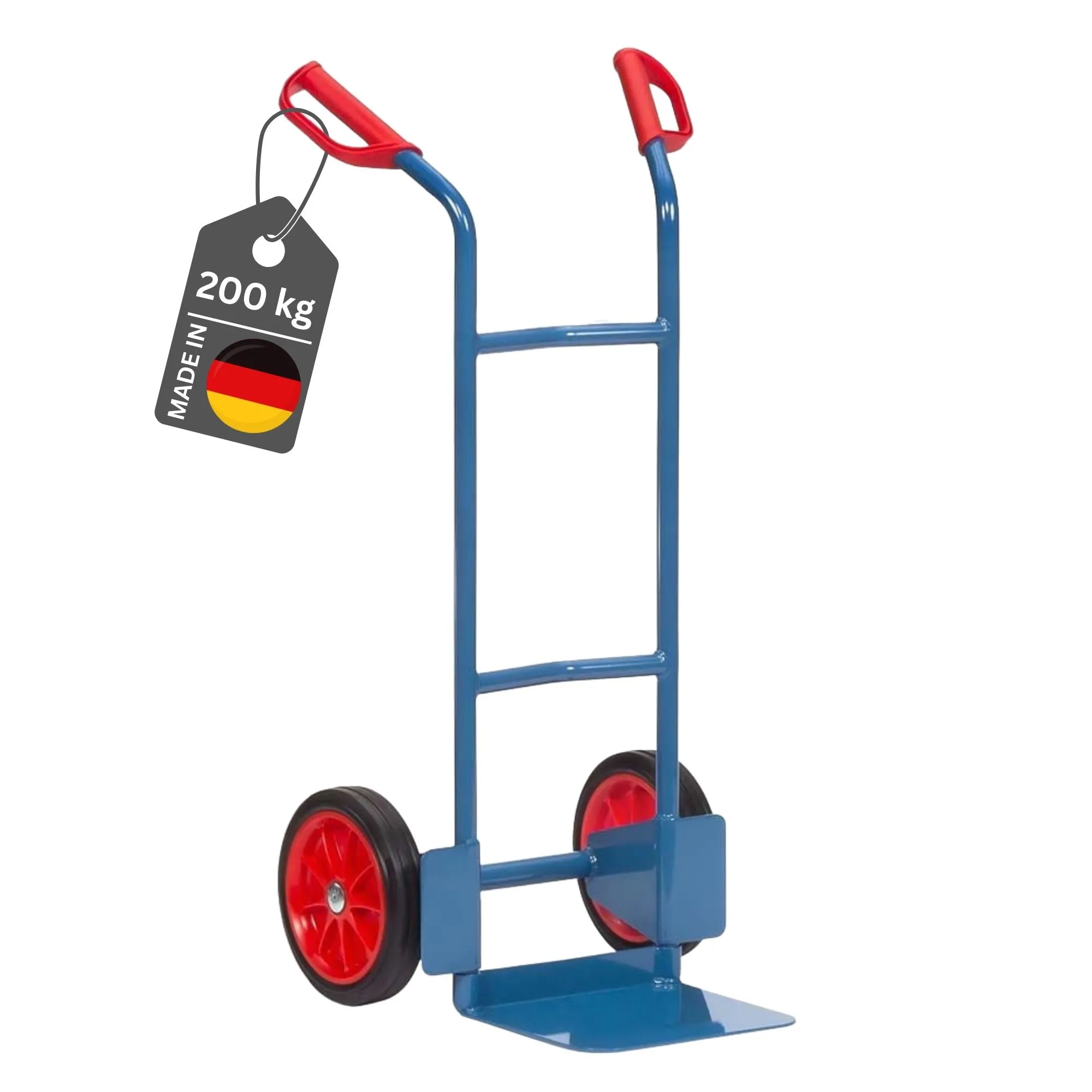 Fetra Stahlrohr-Sackkarre mit Standardschaufel, gebogenen Streben & pannensichere Vollgummibereifung | Traglast 200kg | Made in Germany | Blau