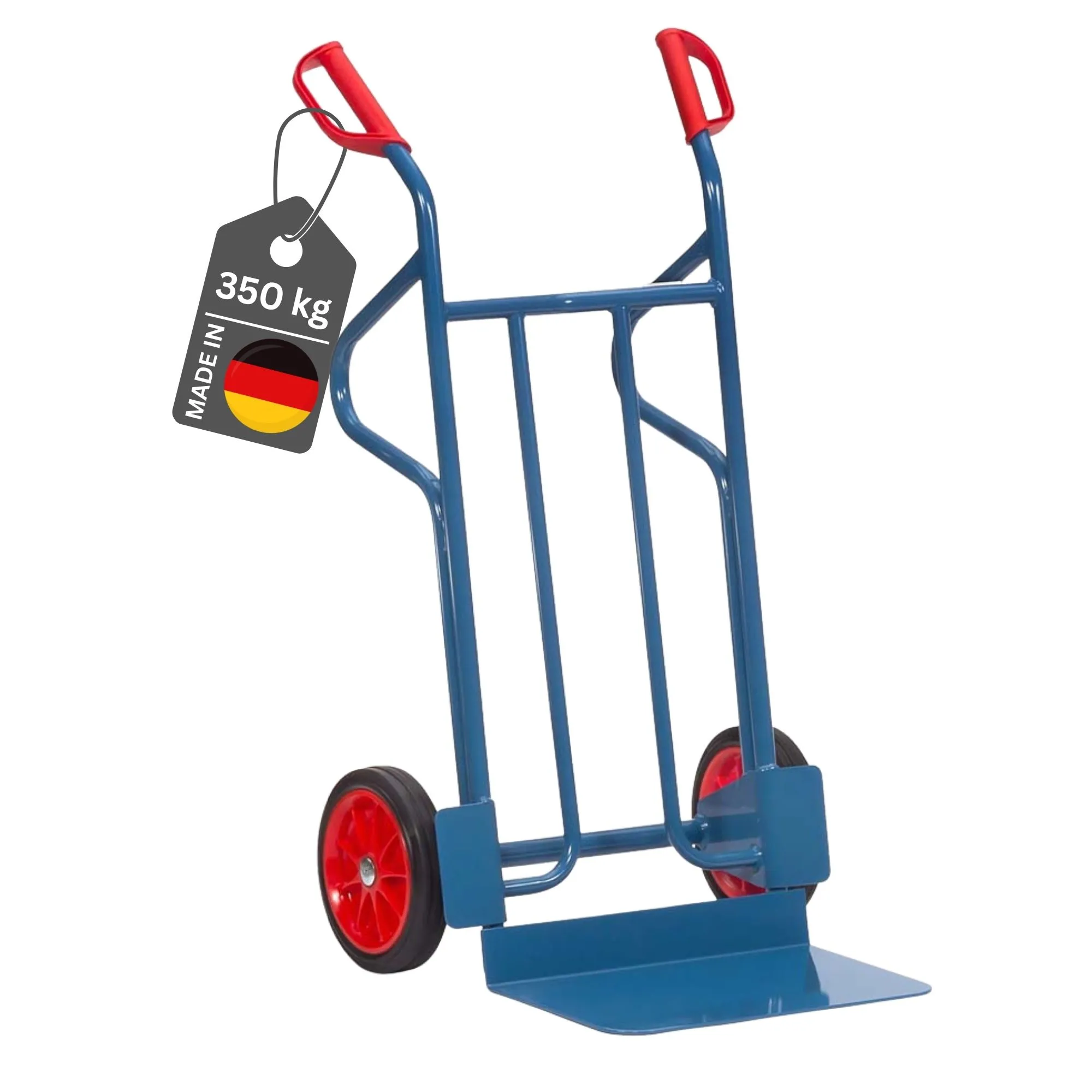 Fetra Große Stahlrohr-Sackkarre mit mit extra breiter Schaufel & pannensichere Vollgummibereifung | Traglast 350kg | Made in Germany | Blau