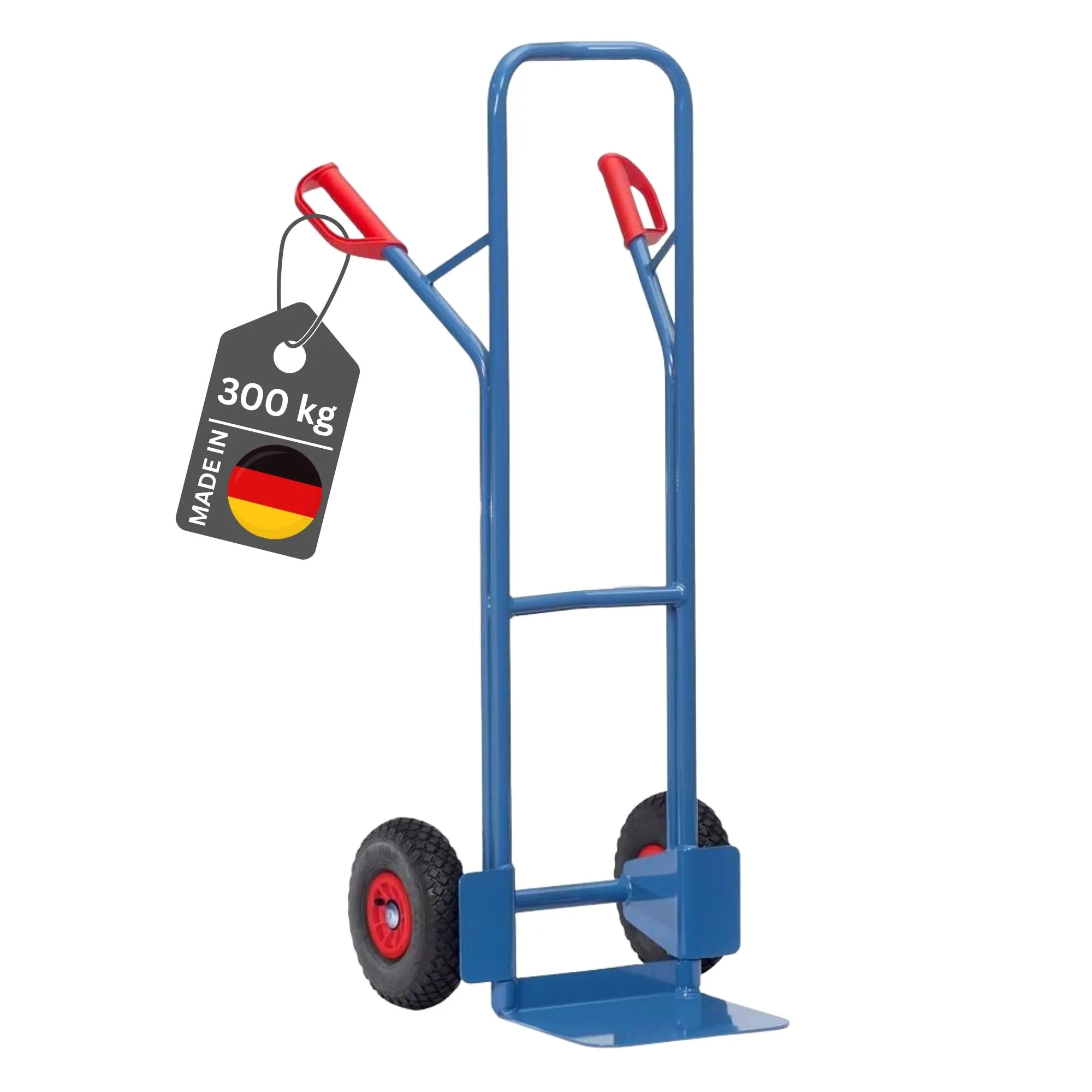 Fetra Hohe Stahlrohr-Sackkarre mit Standardschaufel, gebogenen Streben & Luftbereifung | Traglast 300kg | Made in Germany | Blau
