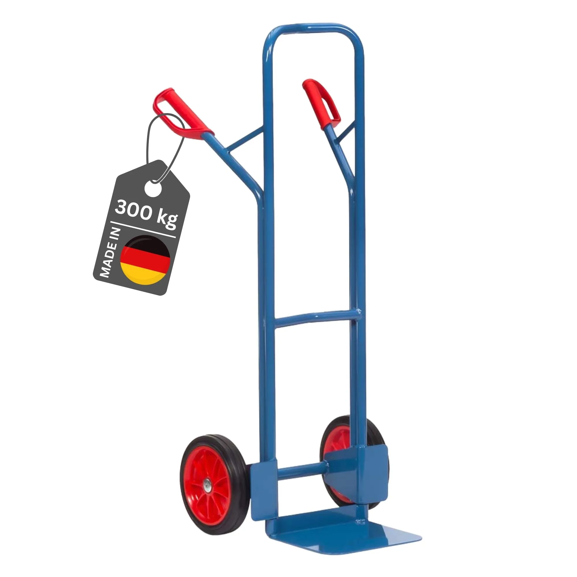 Fetra Hohe Stahlrohr-Sackkarre mit Standardschaufel, gebogenen Streben & pannensichere Vollgummibereifung | Traglast 300kg | Made in Germany | Blau