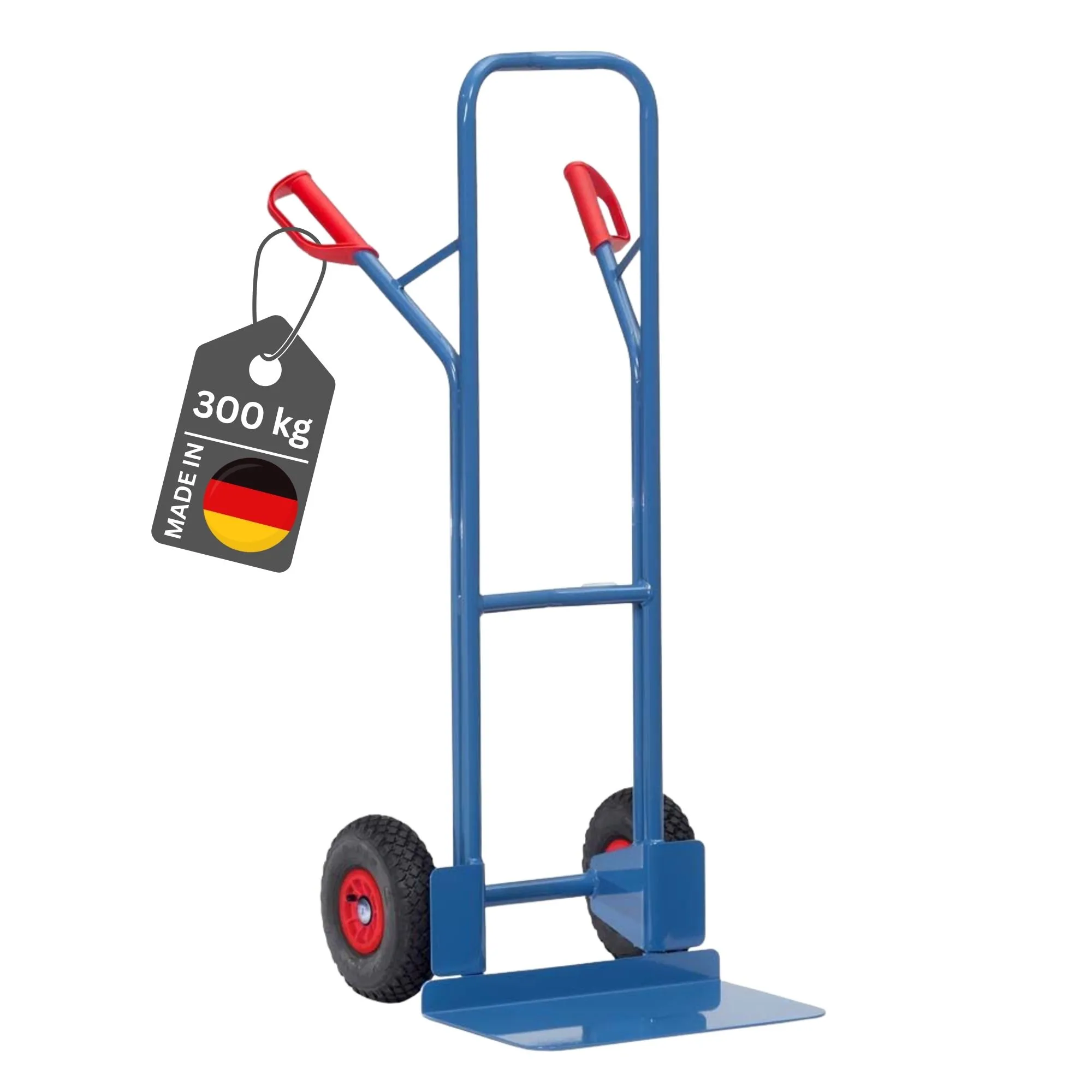 Fetra Hohe Stahlrohr-Sackkarre mit extra großer Schaufel, gebogenen Streben & Luftbereifung | Traglast 300kg | Made in Germany | Blau