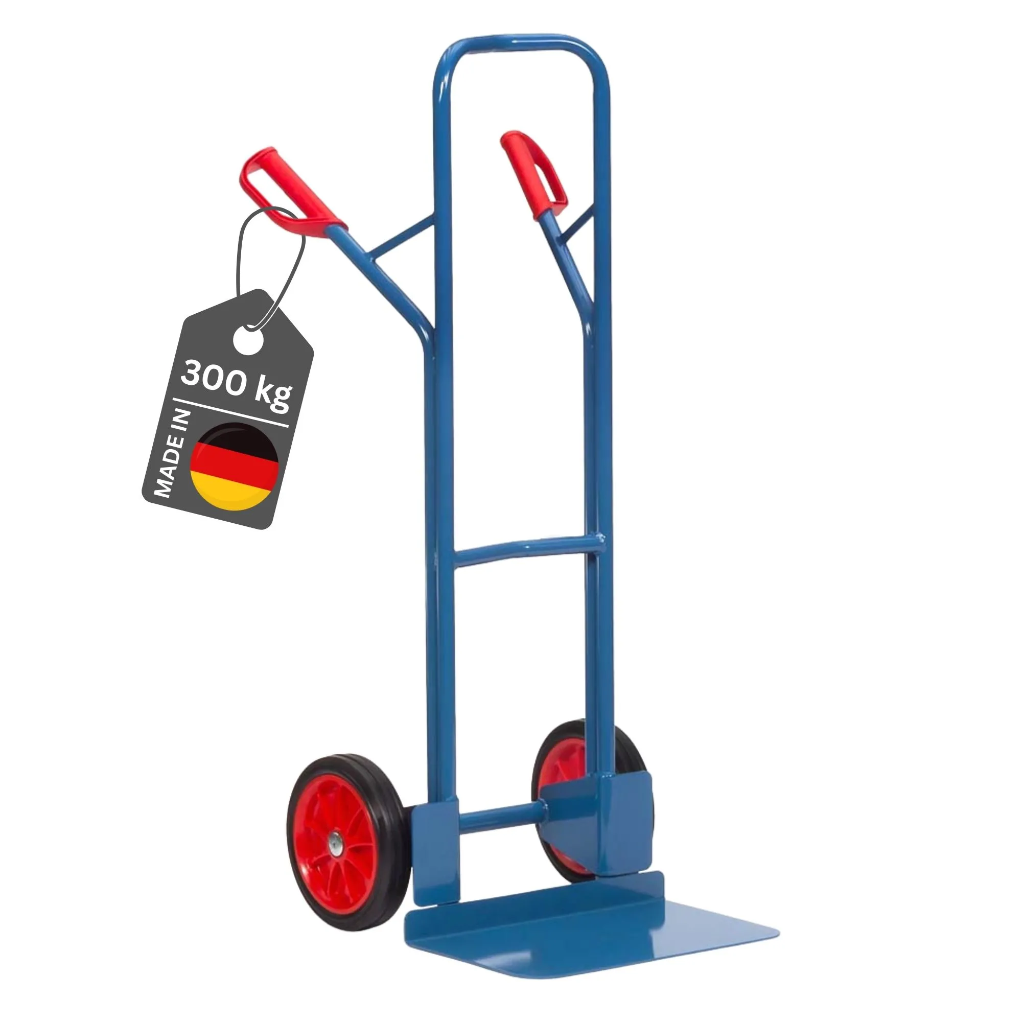 Fetra Hohe Stahlrohr-Sackkarre mit extra großer Schaufel, gebogenen Streben & pannensichere Vollgummibereifung | Traglast 300kg | Made in Germany | Blau