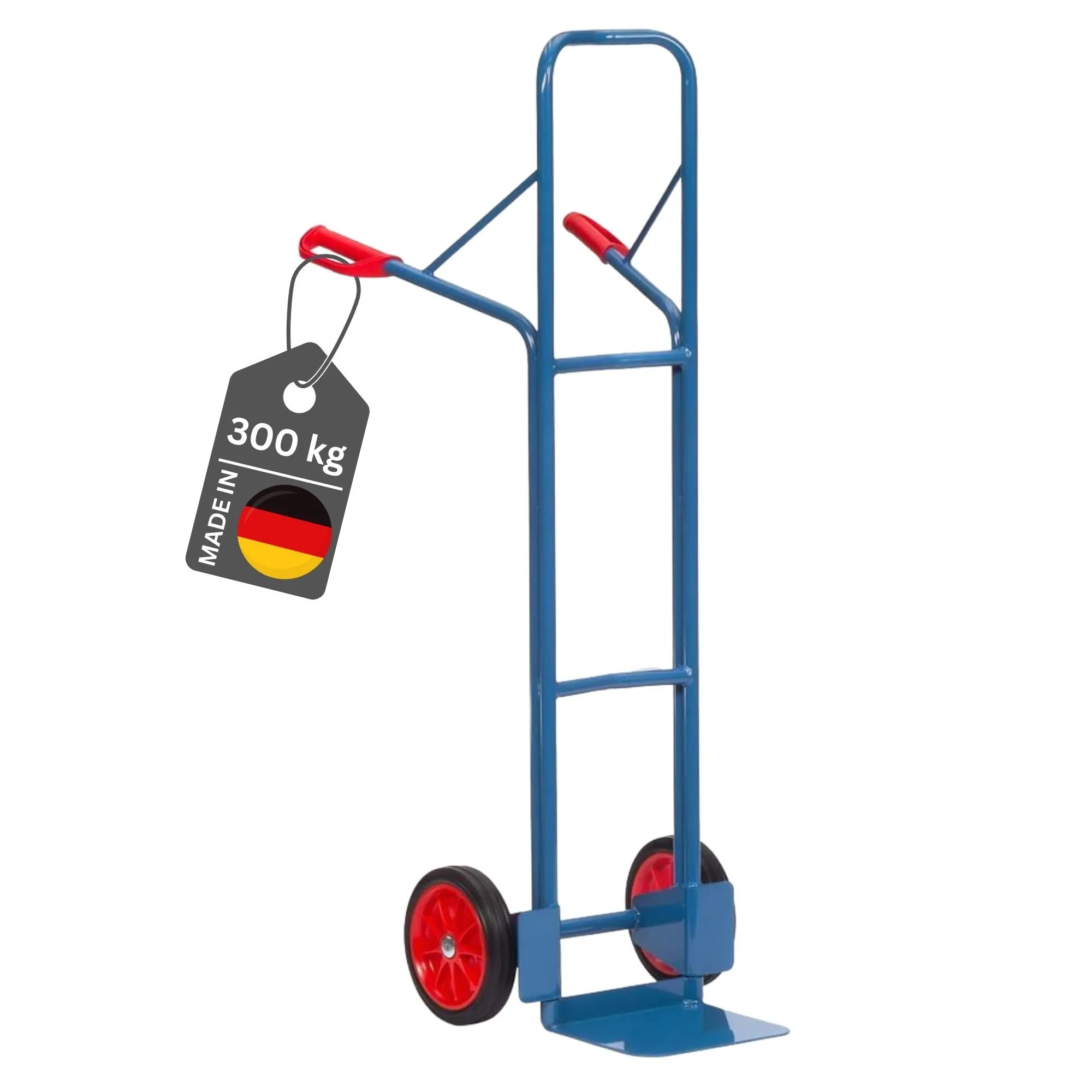 Fetra Extra hohe Stahlrohr-Sackkarre mit Standardschaufel, gebogenen Streben & pannensichere Vollgummibereifung | Traglast 300kg | Made in Germany | Blau