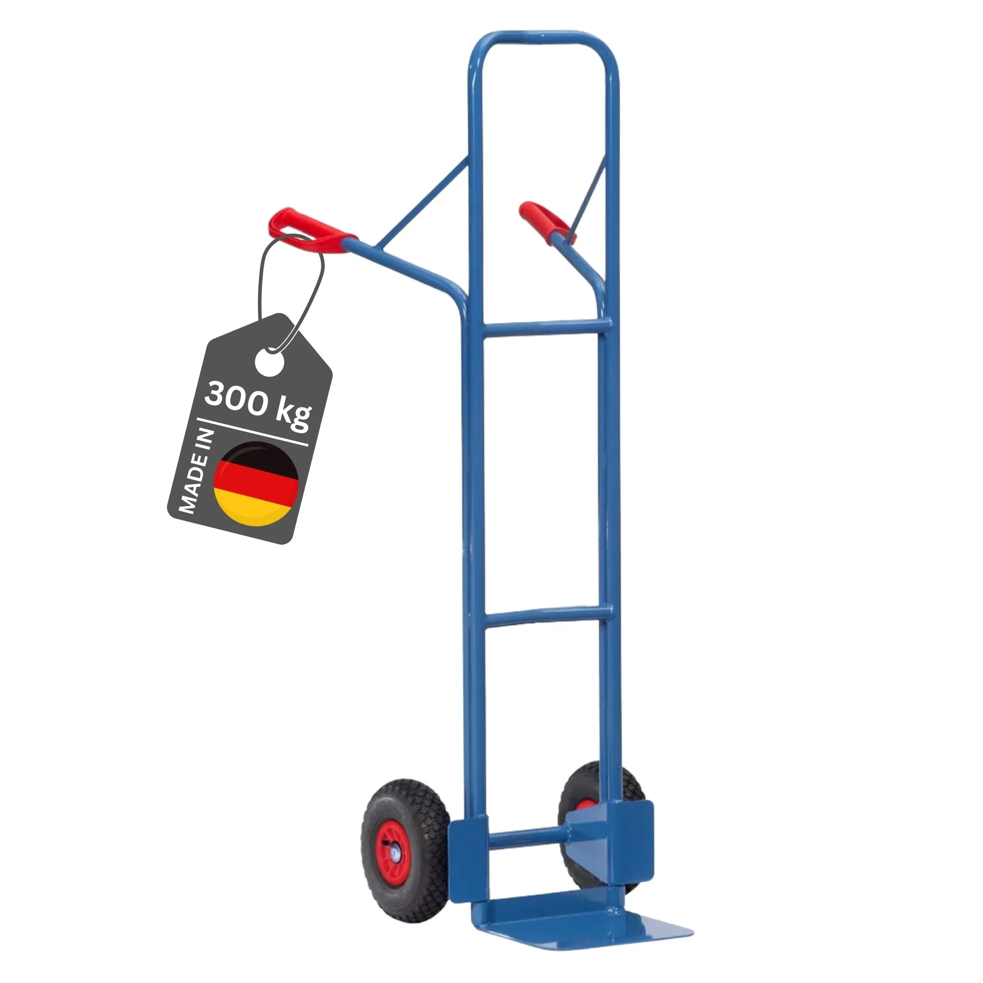Fetra Extra hohe Stahlrohr-Sackkarre mit Standardschaufel, gebogenen Streben & Luftbereifung| Traglast 300kg | Made in Germany | Blau