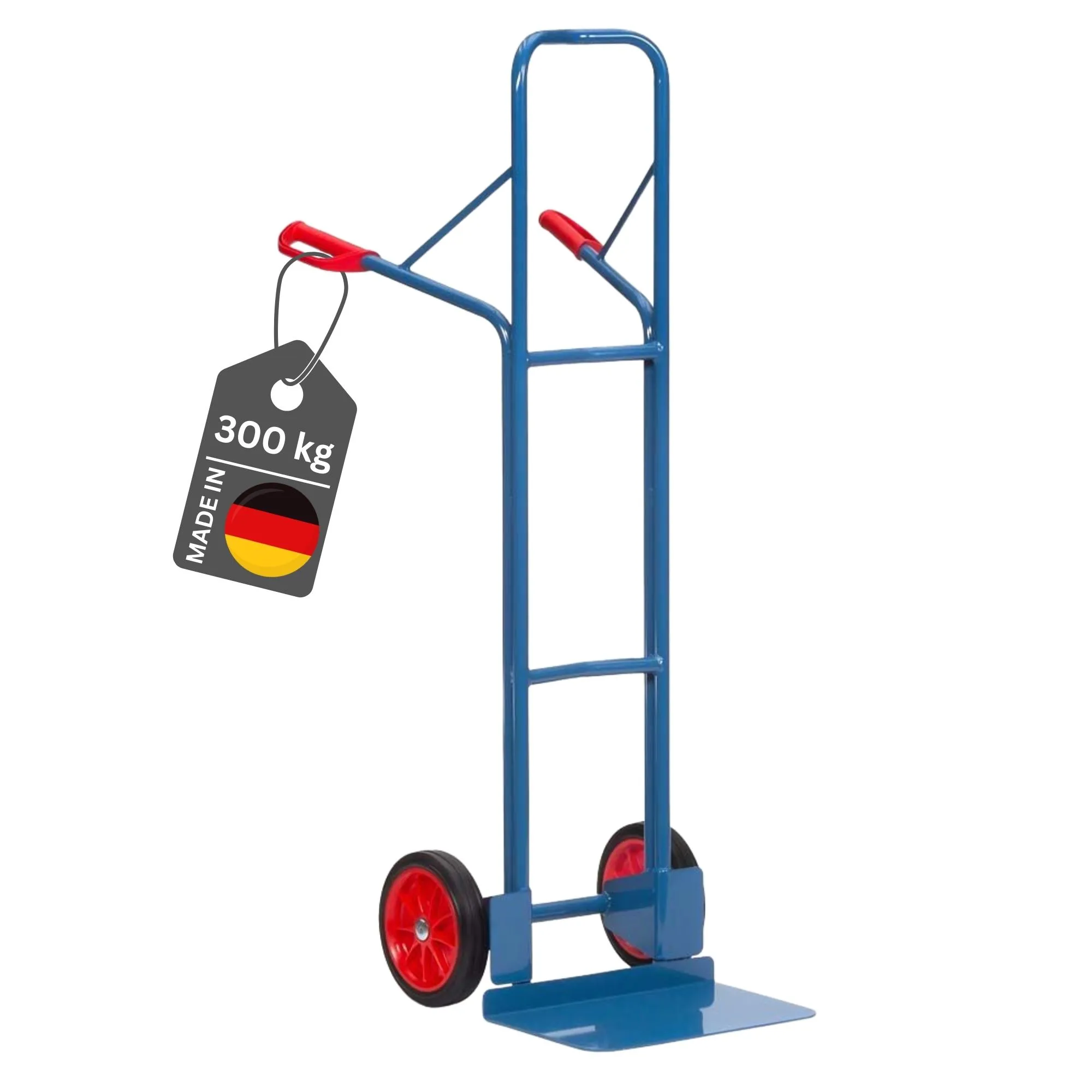 Fetra Extra hohe Stahlrohr-Sackkarre mit extra großer Schaufel, gebogenen Streben & pannensichere Vollgummibereifung | Traglast 300kg | Made in Germany | Blau