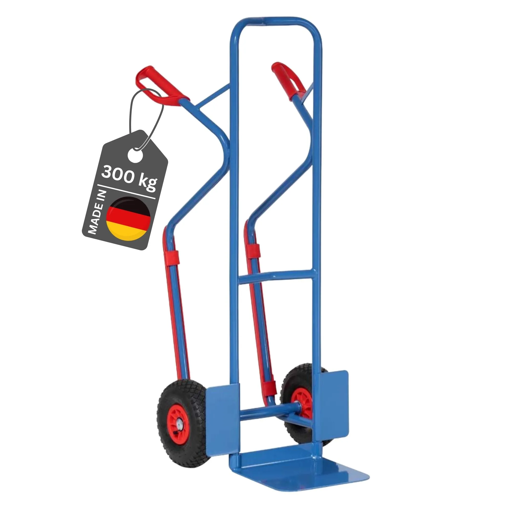 Fetra Hohe Stahlrohr-Sackkarre mit Standardschaufel, Treppenrutsche & Luftbereifung | Traglast 300kg | Made in Germany | Blau