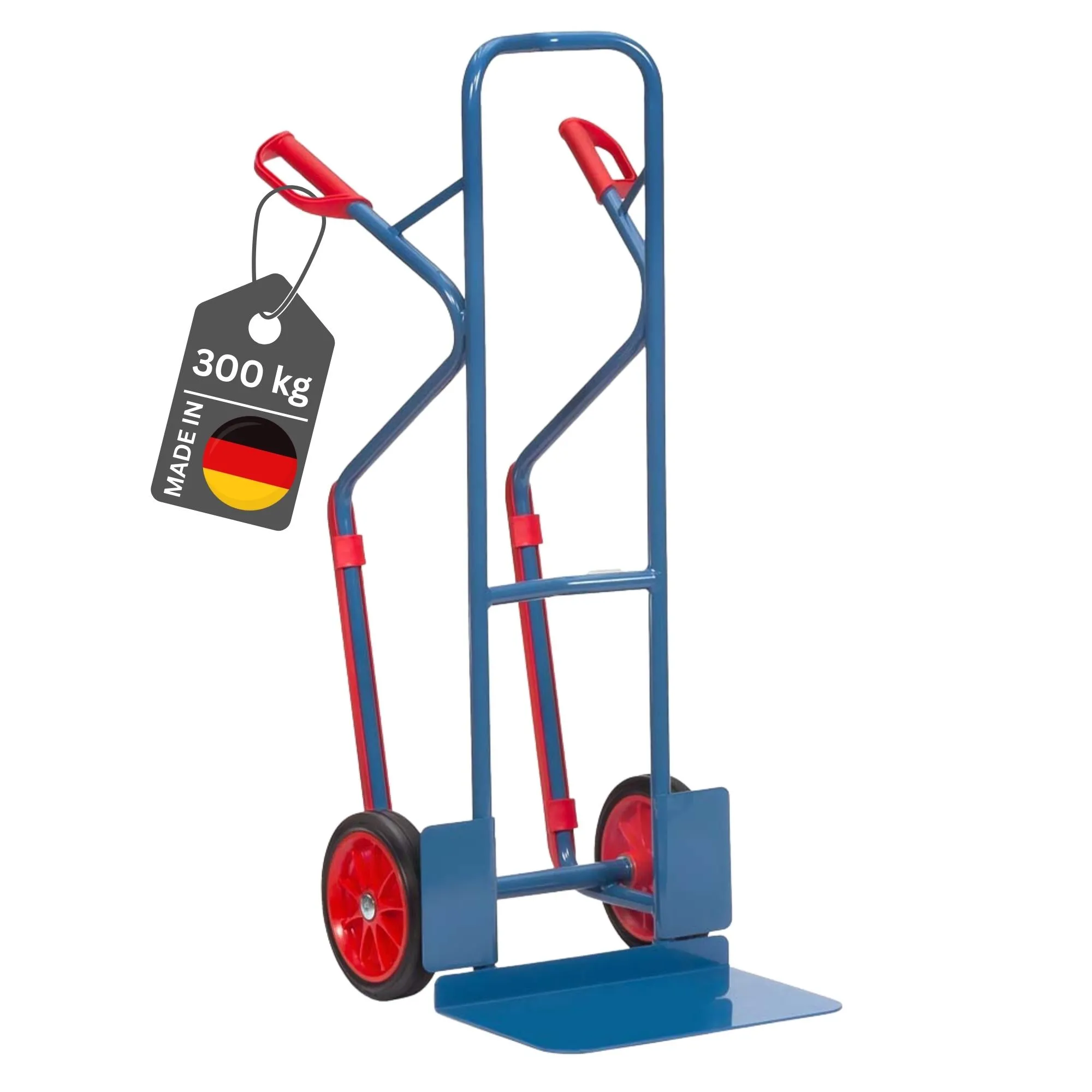 Fetra Hohe Stahlrohr-Sackkarre mit extra großer Schaufel, Treppenrutsche & Pannensichere Vollgummibereifung | Traglast 300kg | Made in Germany | Blau