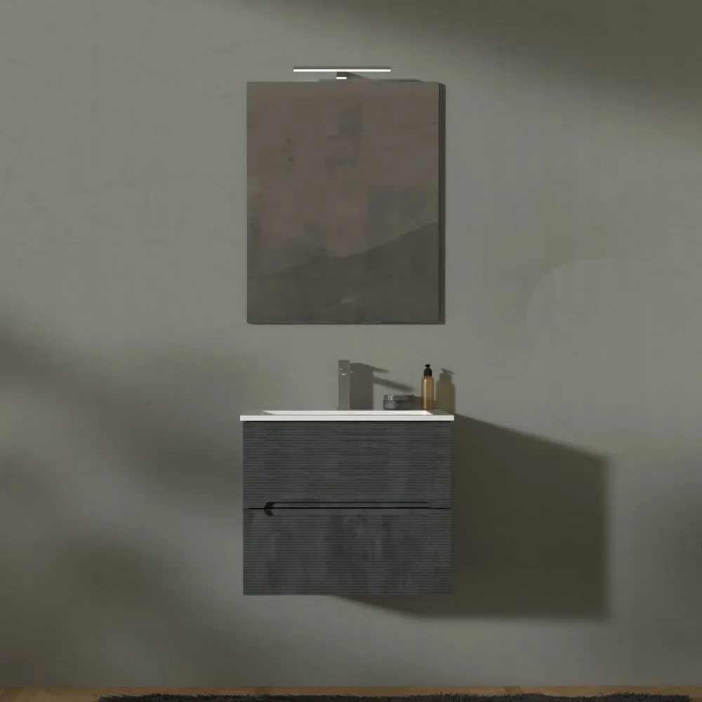 ADATTO CASA RIGO 60CM 2-SCHUBLADENSCHRANK MIT WASCHBECKEN + SPIEGEL GRIGIO LAVA