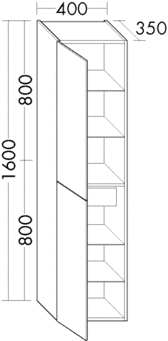 Hochschrank, 2 Türen;4 Glaseinlegeböden;1 fester Boden;1 Innenschublade, Tiefe: 350 mm, Breite: 400 mm, Höhe: 1600 mm
