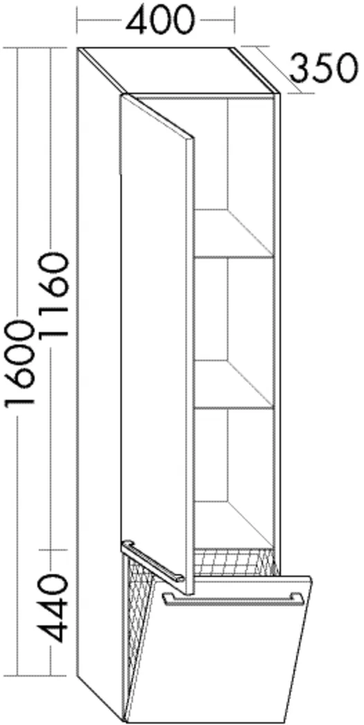 Hochschrank, 1 Tür;2 Glaseinlegeböden;1 fester Boden;1 Wäschekippe, Tiefe: 350 mm, Breite: 400 mm, Höhe: 1600 mm