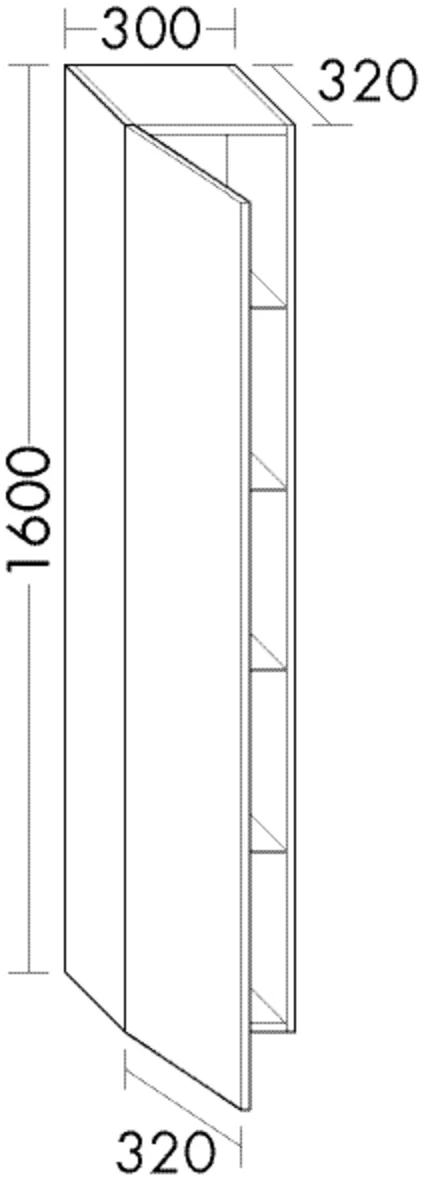 Hochschrank, 1 Tür, wird durch Überstand geöffnet;4 Glaseinlegeböden;1 Tür, zweiteilig und mittig verbunden;4 Glaseinlegeböden, Tiefe: 320 mm, Breite: 320 mm, Höhe: 1600 mm