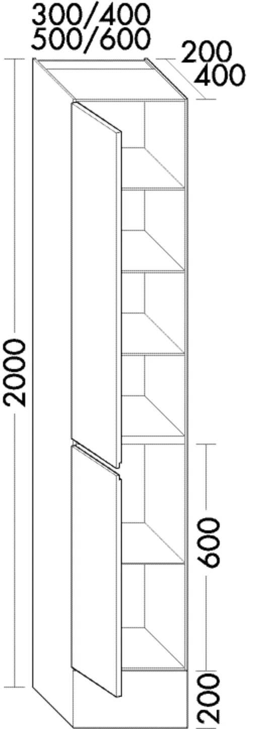 Hochschrank bodenstehend, 2 Türen;4 Glaseinlegeböden;1 fester Boden;1 Sockel, Tiefe: 200 mm, Breite: 300 mm, Höhe: 2000 mm