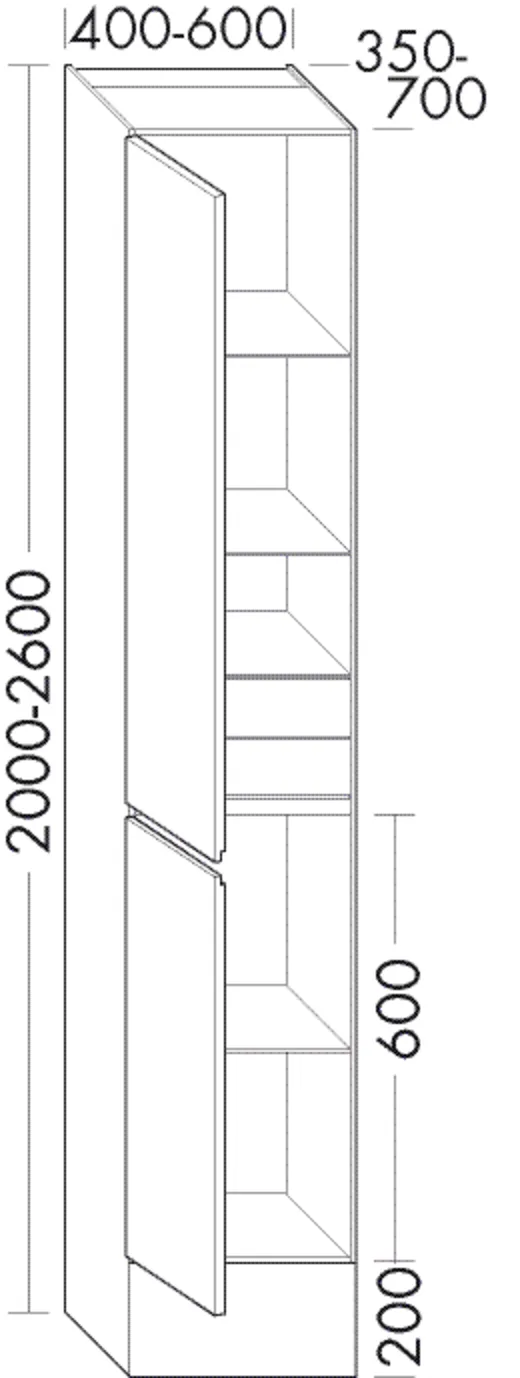 Hochschrank, 2 Türen;2 Innenschubladen inkl. Tip-on;3 Glaseinlegeböden;1 fester Boden;1 Sockel, Tiefe: 400 mm, Breite: 400 mm, Höhe: 2000 mm