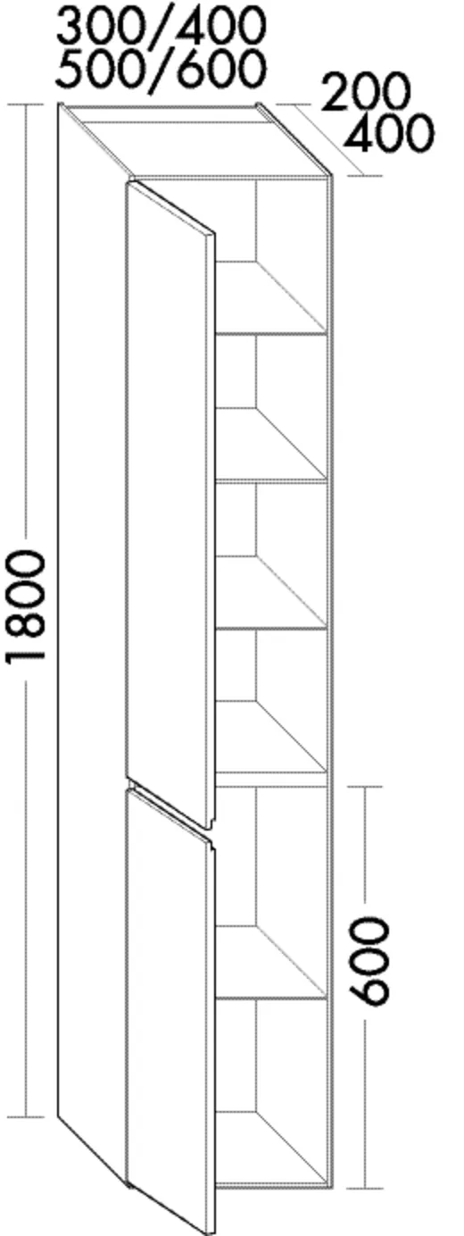 Hochschrank, 2 Türen;4 Glaseinlegeböden;1 fester Boden, Tiefe: 400 mm, Breite: 300 mm, Höhe: 1800 mm