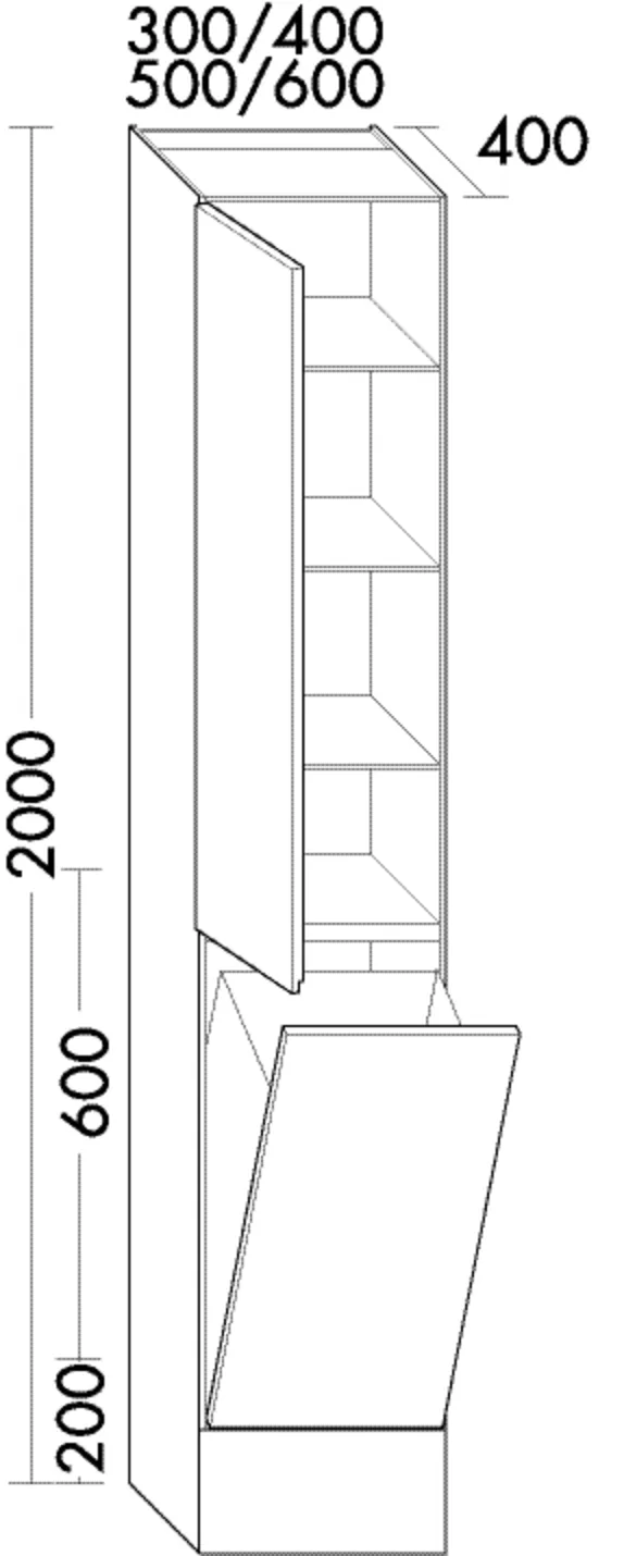 Hochschrank bodenstehend, 1 Tür;3 Glaseinlegeböden;1 fester Boden;1 Wäschekippe;1 Sockel, Tiefe: 400 mm, Breite: 300 mm, Höhe: 2000 mm