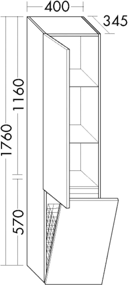 Hochschrank, 1 Tür;2 Glaseinlegeböden;1 fester Boden;1 Wäschekippe, Tiefe: 345 mm, Breite: 400 mm, Höhe: 1760 mm