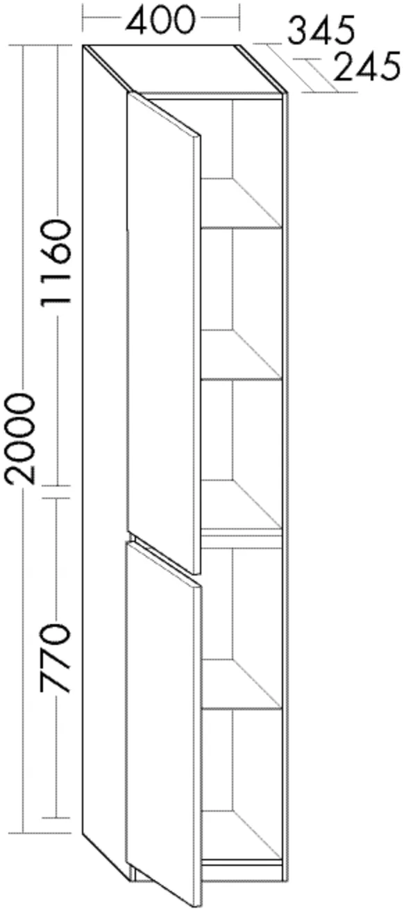 Hochschrank, 2 Türen;3 Glaseinlegeböden;1 fester Boden;mit Sockelleiste, Tiefe: 345 mm, Breite: 400 mm, Höhe: 2000 mm