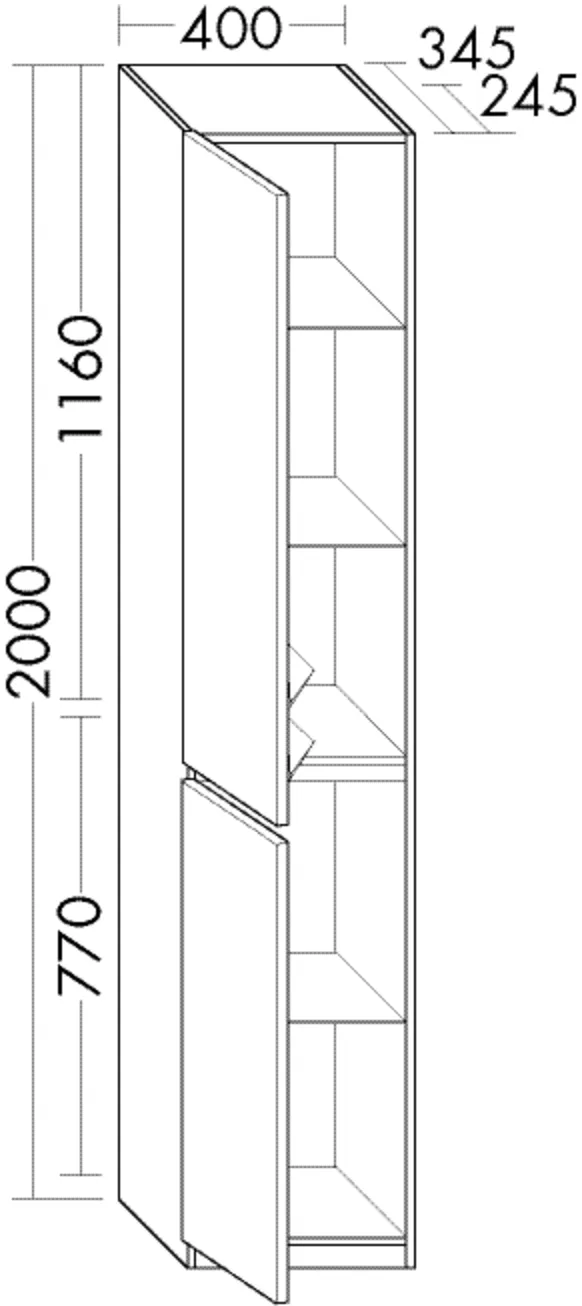 Hochschrank, 2 Türen;3 Glaseinlegeböden;1 fester Boden;2 Winkelablagen, Metall, graphit;mit Sockelleiste, Tiefe: 345 mm, Breite: 400 mm, Höhe: 2000 mm