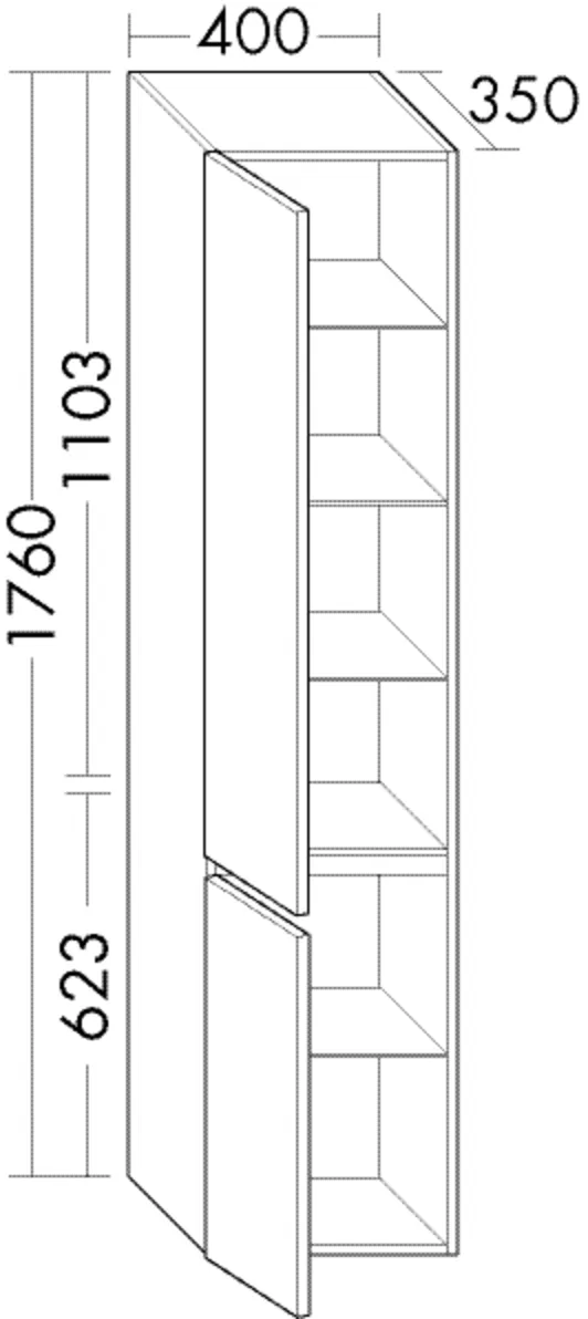 Hochschrank, 2 Türen;4 Glaseinlegeböden;1 fester Boden, Tiefe: 350 mm, Breite: 400 mm, Höhe: 1760 mm