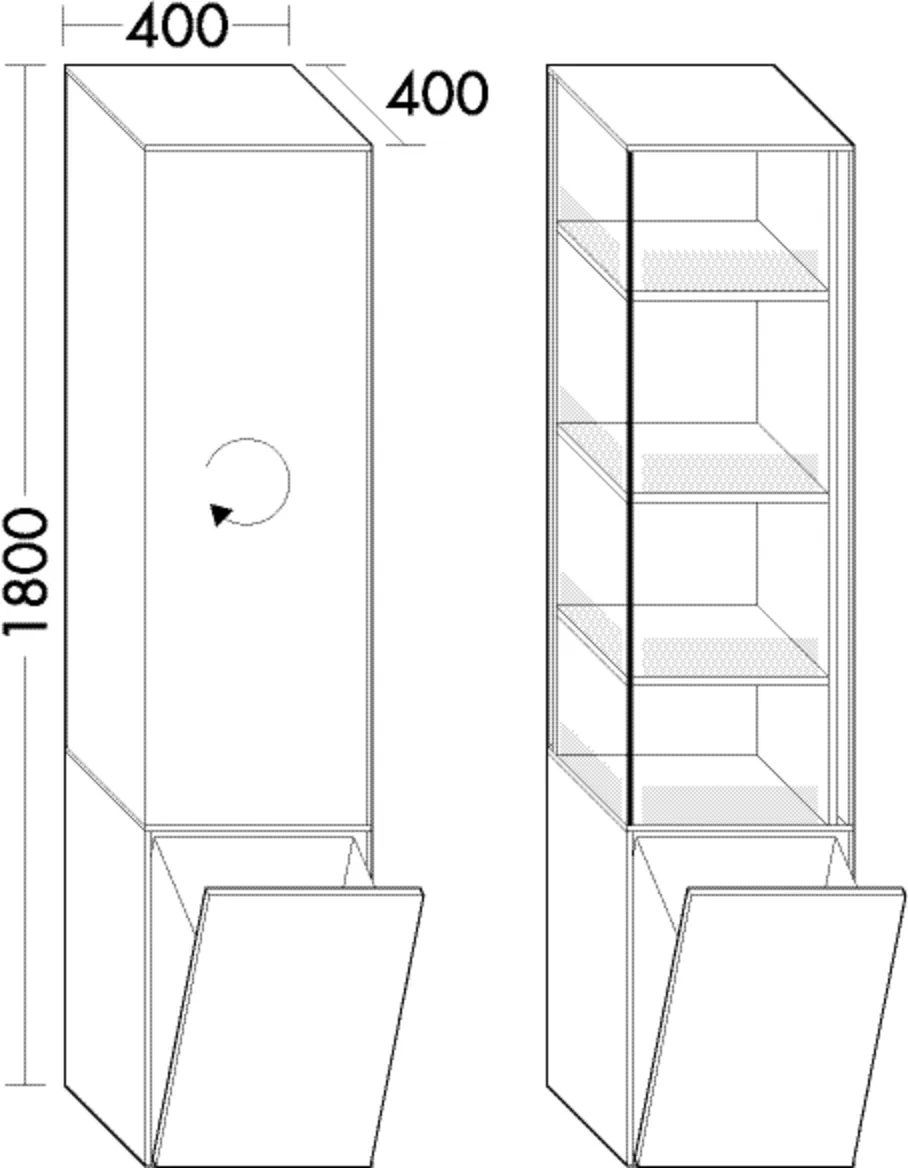 Hochschrank MagicTwist, MagicTwist Drehbeschlag;4 feste Böden;1 Wäschekippe, Tiefe: 400 mm, Breite: 400 mm, Höhe: 1800 mm