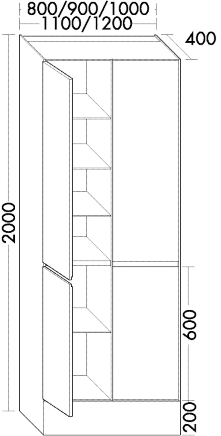Hochschrank, 4 Türen;2 Korpuselemente;je Element: 4 Glaseinlegeböden, 1 fester Boden;1 Sockel, Tiefe: 400 mm, Breite: 800 mm, Höhe: 2000 mm