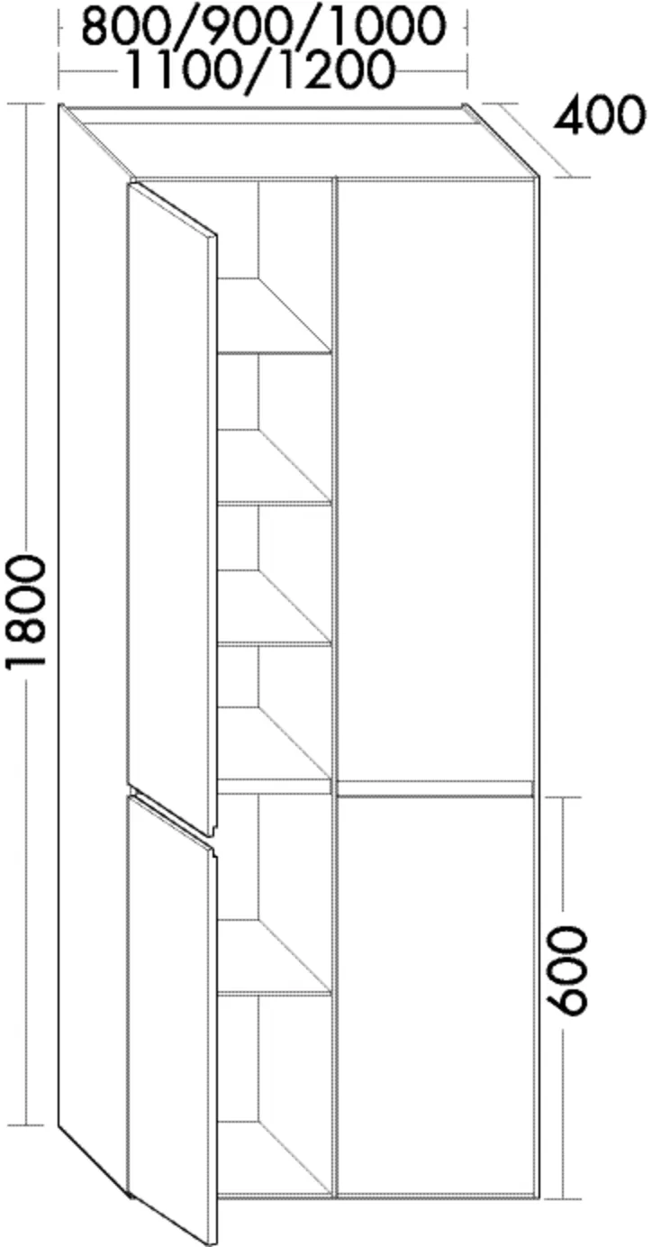 Hochschrank, 4 Türen;2 Korpuselemente;je Element: 4 Glaseinlegeböden, 1 fester Boden, Tiefe: 400 mm, Breite: 800 mm, Höhe: 1800 mm