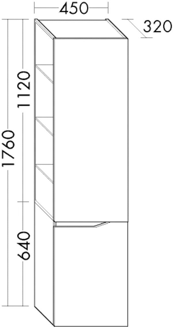 Hochschrank, 1 Tür oben, wird durch Überstand geöffnet;1 Tür unten;4 Glaseinlegeböden;1 fester Boden;1 seitliches Regal, Tiefe: 340 mm, Breite: 450 mm, Höhe: 1760 mm
