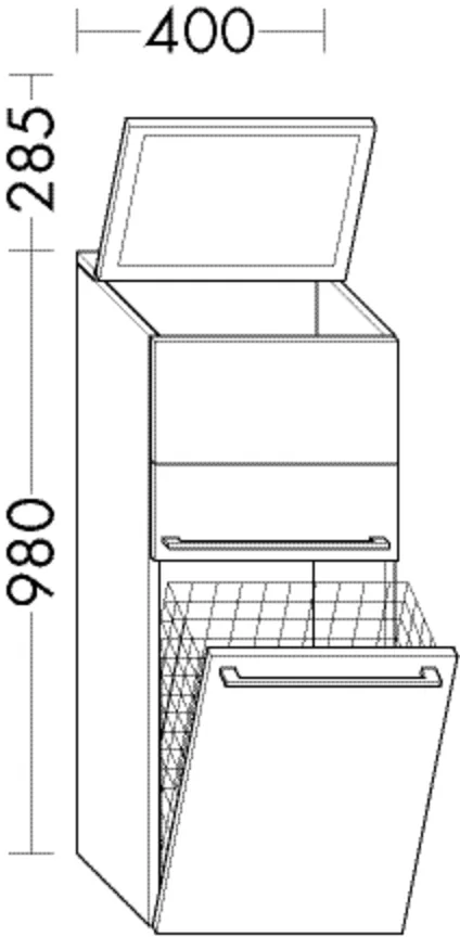Halbhoher Schrank, 1 Klappe mit Spiegel oben;1 Vergrößerungsspiegel;1 feste Blende;1 Schublade mit Inneneinteilung;1 Wäschekippe, Tiefe: 360 mm, Breite: 400 mm, Höhe: 980 mm