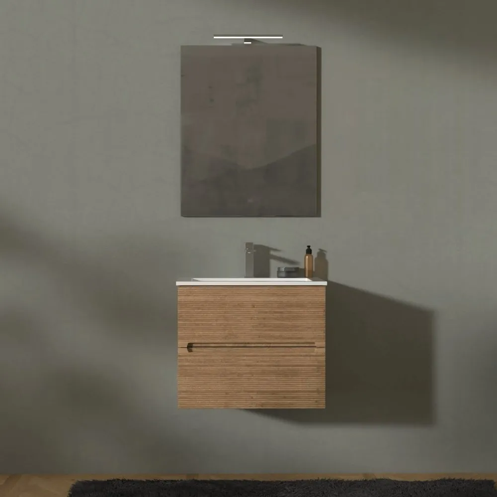 ADATTO CASA RIGO 60CM 2-SCHUBLADENSCHRANK MIT WASCHBECKEN + SPIEGEL EICHE FARNIA