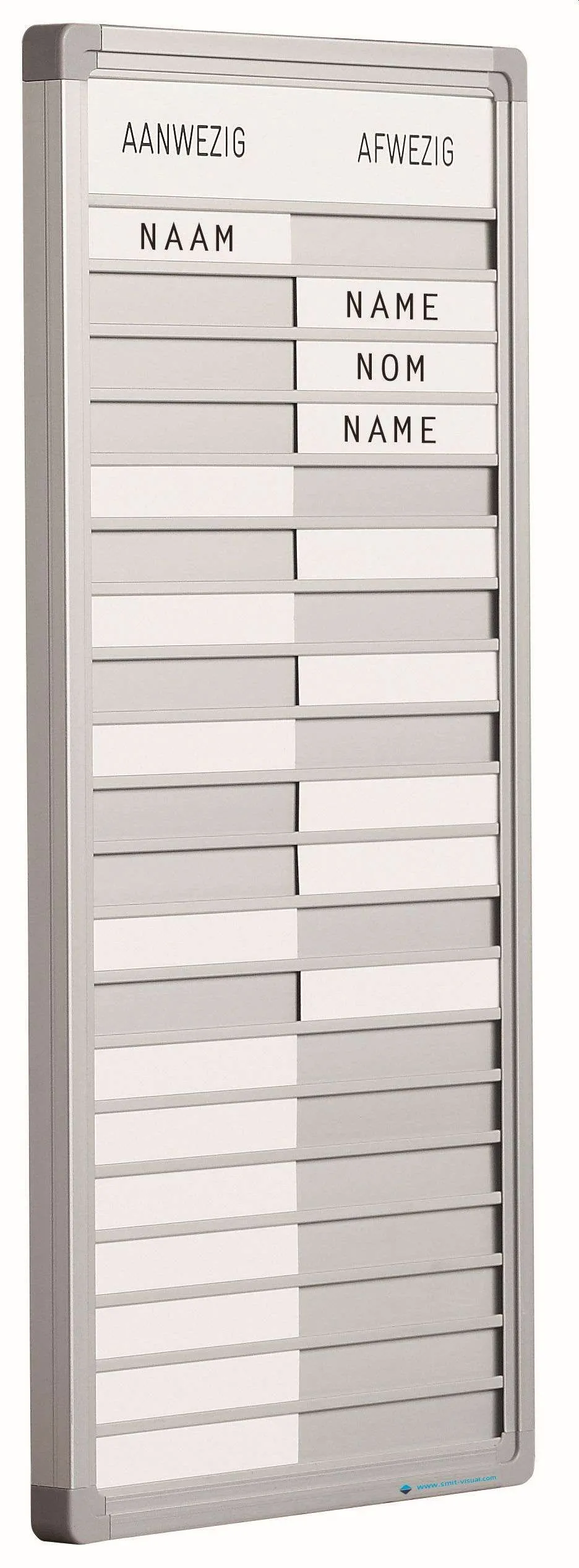 Anwesenheitstafel mit 20-Positionen | HxB 24x53cm | auf Deutsch | inkl. Befestigungsmaterial & blanko Namenschilder | Aluminium/Weiß