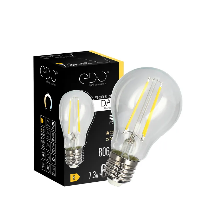 DARI LED Filament dekorative Glühbirne 7.3W, E27, 2700K, 806lm, 230V, CLEAR A60, EDO777627 EDO Solutions