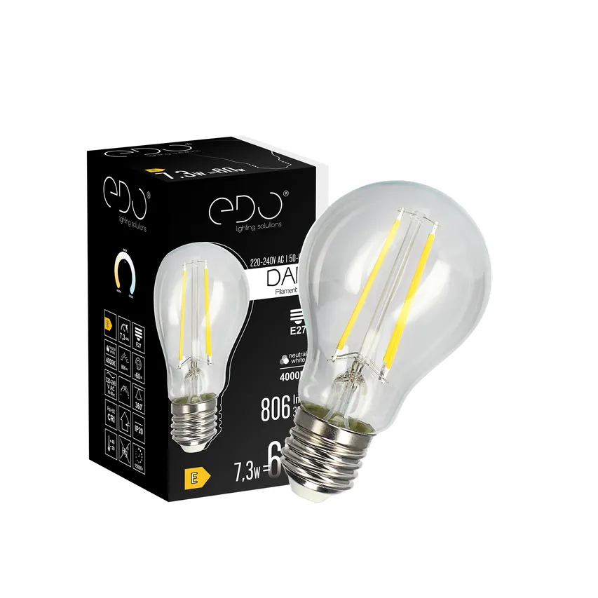 DARI LED Filament dekorative Glühbirne 7,3W, E27, 4000K, 806lm, 230V, CLEAR A60, EDO777629 EDO Solutions