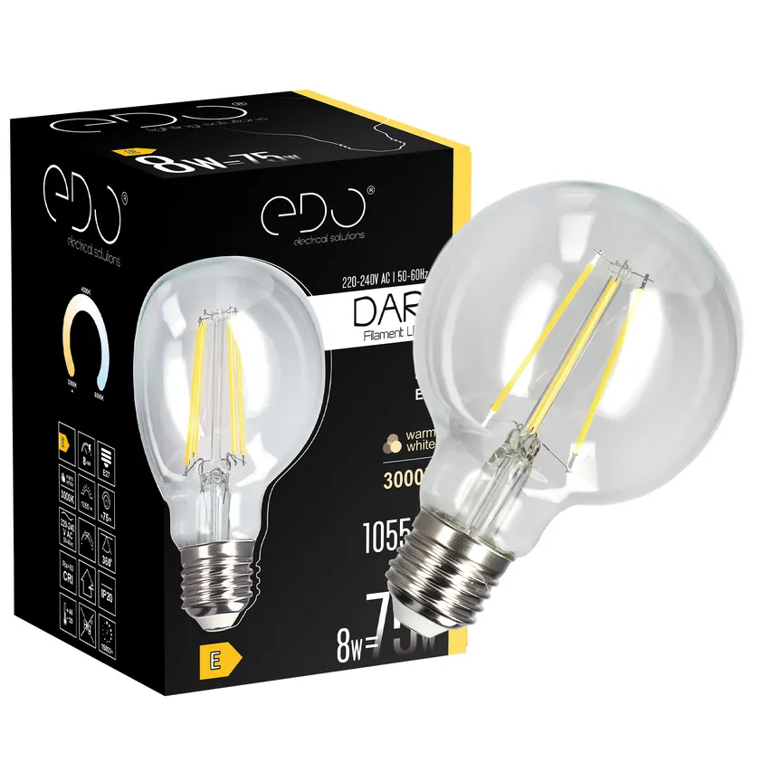Dekorative Glühbirne DARI LED Filament 8W, E27, 3000K, 1055lm, 230V, CLEAR G80, EDO777633 EDO Solutions