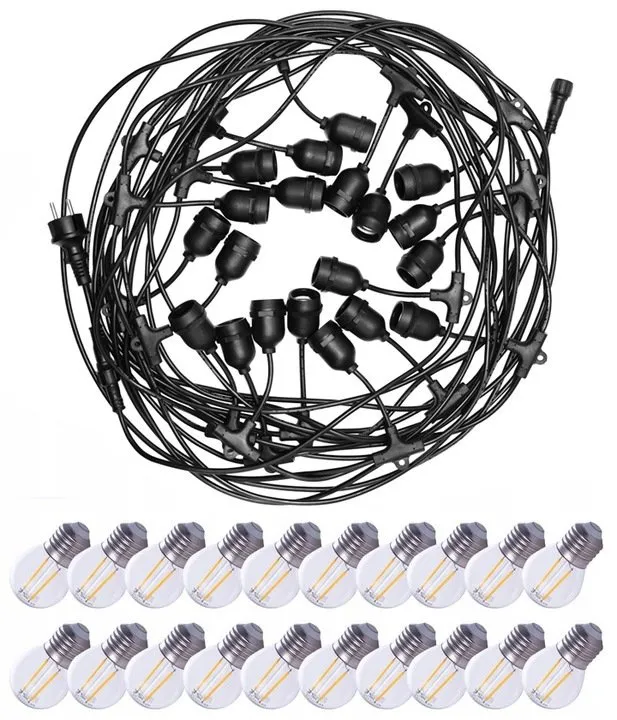 Garten Girlande Set DANDA 20xE27 20m IP54 wasserdicht schwarz + 20 LED Birnen G45 E27 2W 3000K