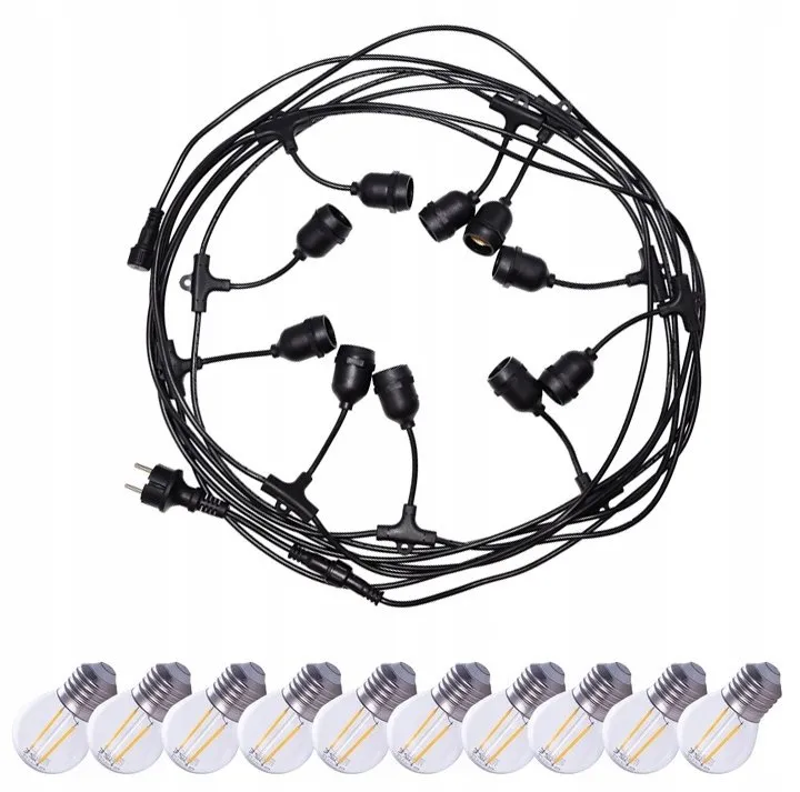 Gartengirlanden-Set DANDA 10xE27 10m IP54 wasserdicht schwarz + 10 LED-Lampen G45 E27 2W 3000K