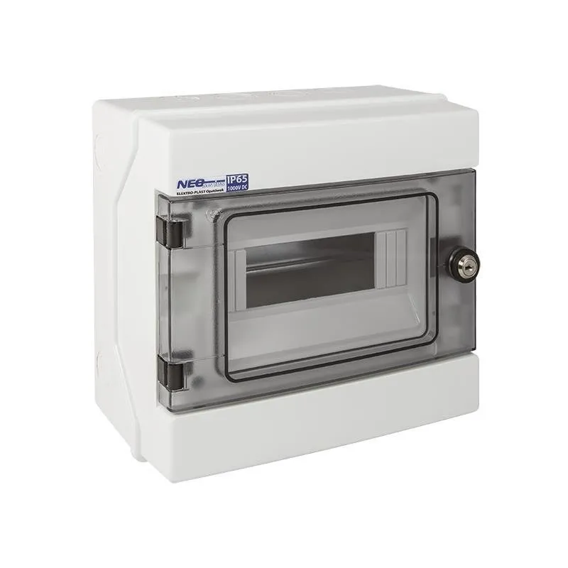 Hermetischer 1x8 RH-8/Z Aufputz-Schaltschrank (mit Schloss), Reihenklemmen, TH35-Träger, IK07, 1000V DC, IP65