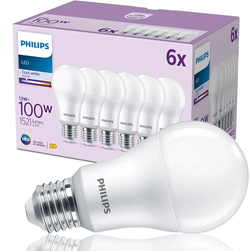 Philips, Satz mit 6 LED-Glühbirnen, 13W = 100W E27, neutrale Farbe 4000K, 1521lm 871951445135300
