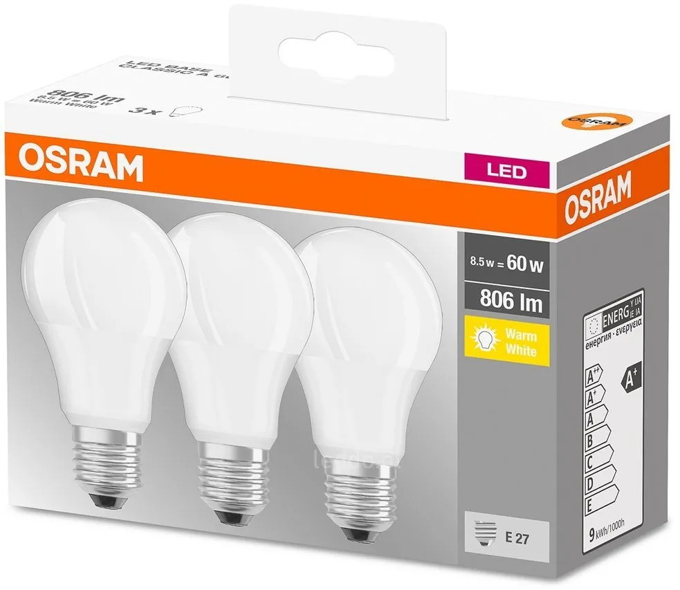 Satz von 3x E27 8.5W 2700K 806lm Osram Glühbirnen