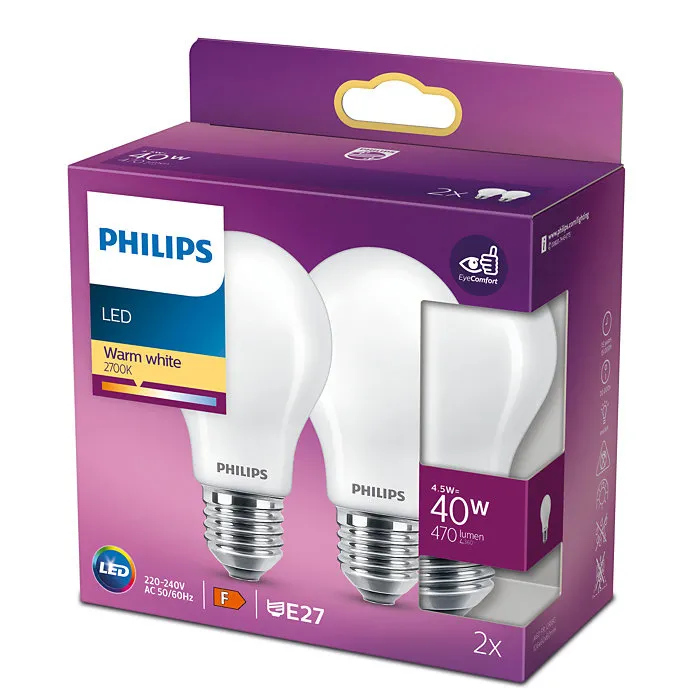 Set 2x LED-Glühbirne A60 E27 4.5W =40W 2700K 470lm Philips