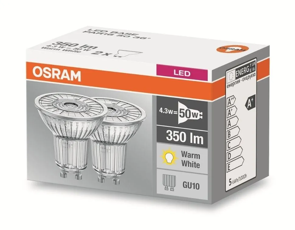 Zweierpack Set 2x LED-Glühbirne GU10 4.3W 2700K 350lm 36° Osram