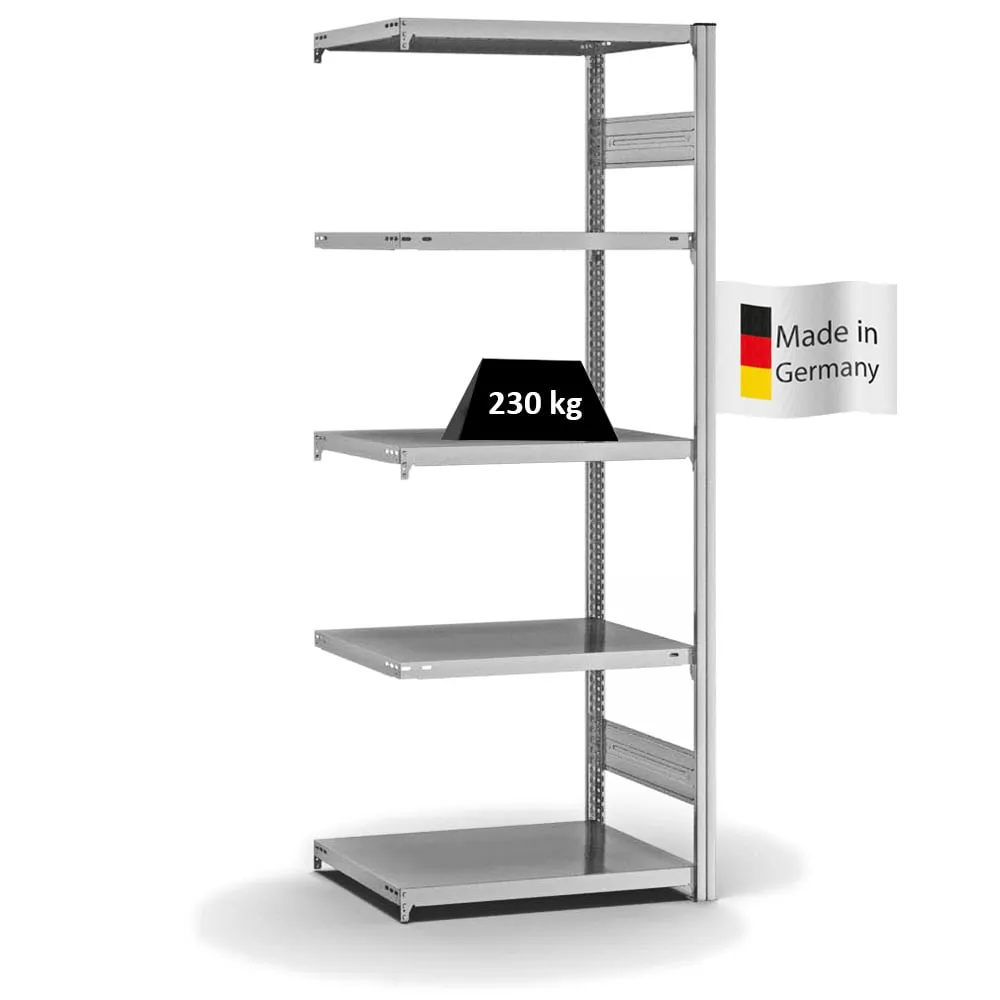 Fachbodenregal Stecksystem T-Profil | Anbauregal | HxBxT 200x75x50cm | 5 Ebenen | Fachlast 230 kg | Beidseitig nutzbar | Verzinkt